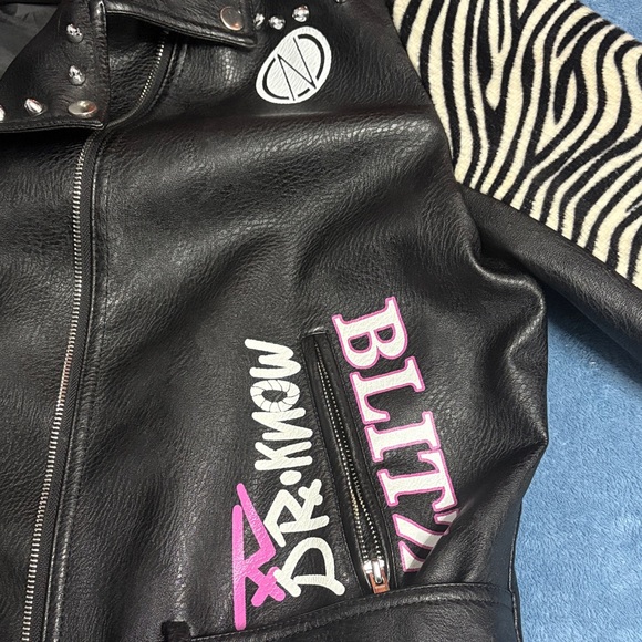 Azalea Wang Black Studded Leather Jacket with Pink and Zebra Sleeves - Picture 3 of 7